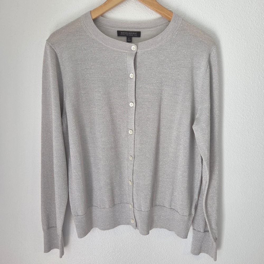 Banana Republic Silver Metallic Extra Fine Merino Wool Cardigan Sweater Large
